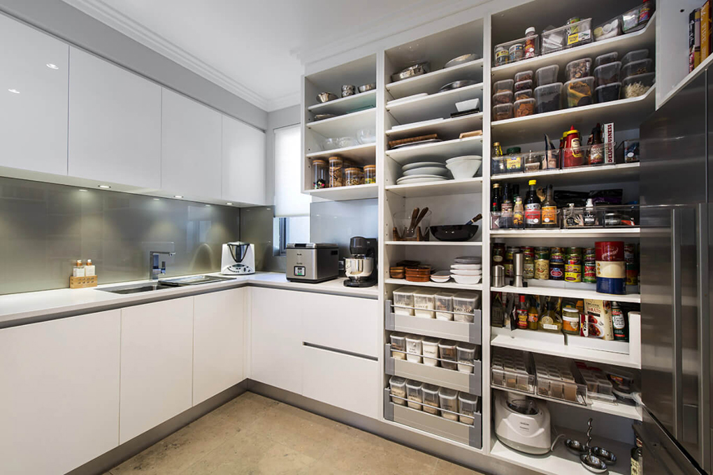 Modern pantry with shelves and stainless steel appliances